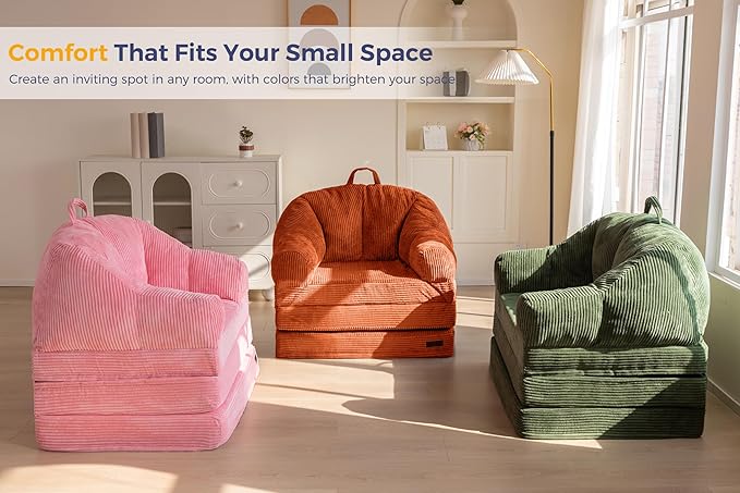 MAXYOYO Folding Sofa Bed with Backrest, Boneless Fold Out Couch Bed with Handle, 2 in 1 Convertible Bean Bag Chair to Floor Sofa Lounger, Comfy Folding Couch for Bedroom & Living Room, Orange