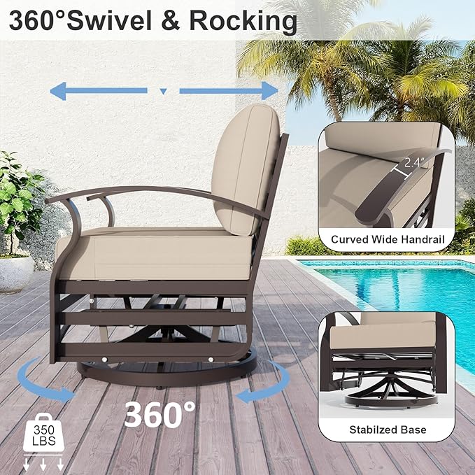 ALAULM Aluminum Patio Furniture Set with Coffee Table Rectangular, 6-seat Outdoor Sectional Furniture w/Swivel Chairs and 2 Ottomans, Patio Conversation Set for Porch, Backyard, Poolside-Sand