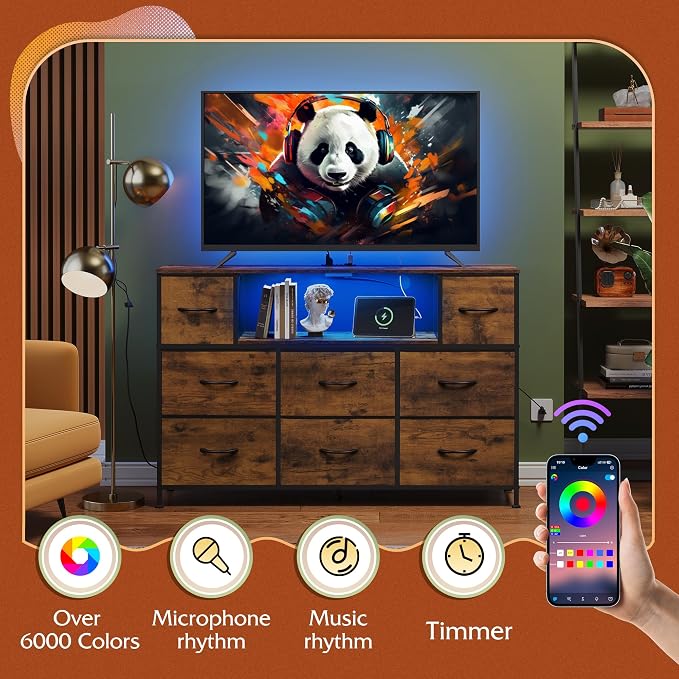 WLIVE Dresser TV Stand for 45, 50, 55 inch TV, Entertainment Center with LED Lights & Charging Station, Chest of Drawers with 8 Fabric Drawers and Open Shelves for Living Room, Hallway, Rustic Brown - Image 5