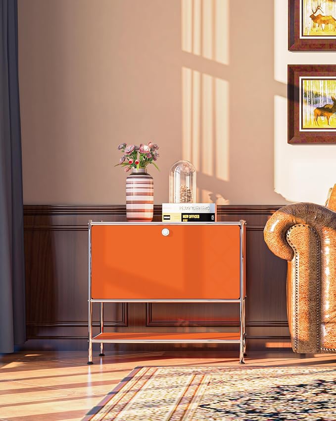 Metal Sidetable with Flap Door, 27.5" Height - DIY Modern Furnishing for Home, Office, Foyer, Bedroom - Night Stand, Book Shelf, Bookshelf, Cube Storage Organizer, Bedside Table (Orange) - Image 7