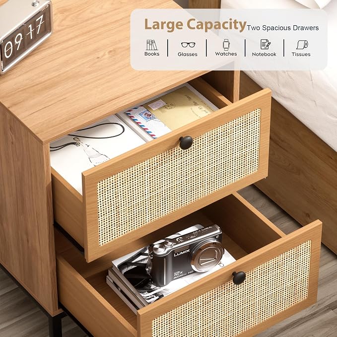Yechen Set of 2 Rattan Nightstands with 2 Storage Drawers, Boho Bedside Table with Handmade Natural Cane, Mid-Century Modern End Table with Metal Legs for Bedroom, Brown - Image 5