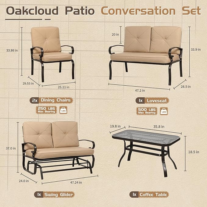 Oakcloud 5-Piece Outdoor Metal Furniture Sets Patio Conversation Set Wrought Iron Glider, 2 Single Chairs, Loveseat and Coffee Table, Brown