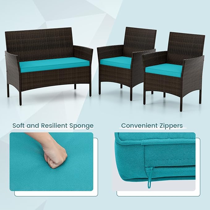 DORTALA Wicker Patio Furniture Set 4 Piece, Outdoor PE Rattan Table & Chairs Set with Tempered Glass Coffee Table, Loveseat, Cushions, Conversation Set for Balcony, Porch, Backyard, Deck, Turquoise