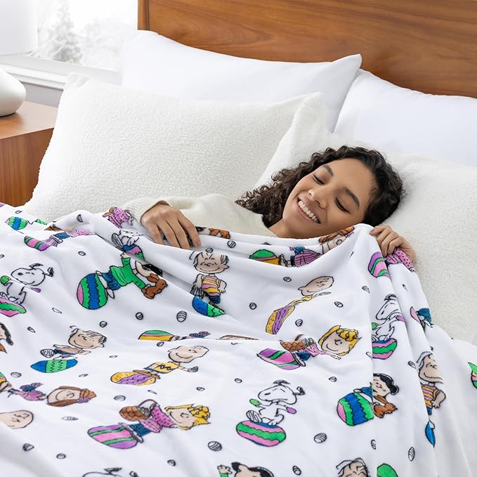 Berkshire Peanuts® VelvetLoft® Cute Character Snoopy Plush Blanket,Easter Gang 2025 White,Full/Queen 90 in x 90 in (Official Peanuts® Product)