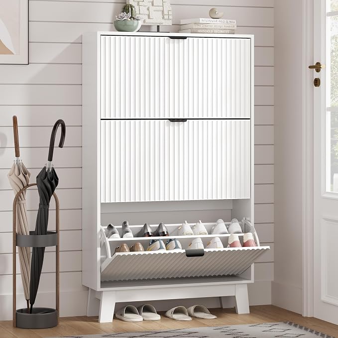 Shoe Cabinet Storage for Entryway with 3 Flip Drawers, Fluted Narrow Shoe Organizer with Wooden Legs, Freestanding Slim Shoe Storage Hidden Shoe Rack Organizer for Front Door Entrance, Hallway, White by HUANLEGO
