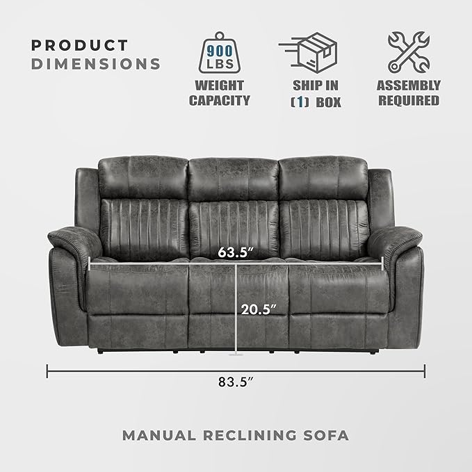Lexicon 83.5" W Manual Double Reclining Sofa, Polished Microfiber Recliner Sofa, Pillow Top Arms, for Living Room, Apartment, Easy Assembly, Brownish Gray