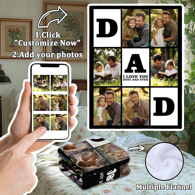 Personalized Father's Day Blanket Gifts for Husband Dad from Daughter Son Wife, Custom Blanket with Pictures Text, Fathers Day Christmas Birthday Gift for Father, Daddy, Husband, Men