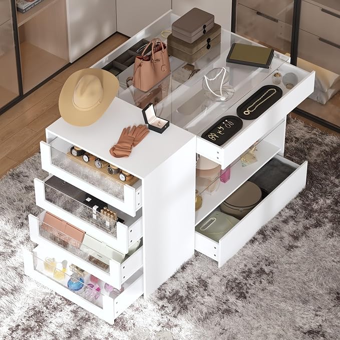 Armoire Bedroom Island Wardrobe Closet Island with 8 Drawers & Glass Tabletop, Walk in Closet Island with Drawers, Island Dresser with Display Shelf, for Bedroom White 47.2”W x 23.6”W x 31.5”H