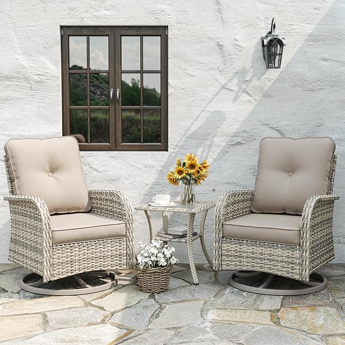 Patio Rocking Swivel Chair Outdoor Wicker Rattan Bistro Set with Tempered Glass Side Table, Outdoor Patio Furniture Set for Garden, Deck, and Balcony, Beige