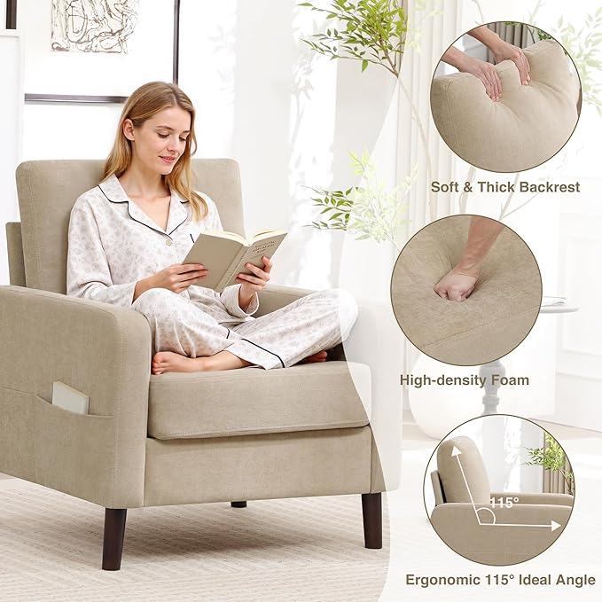 Accent Chair for Living Room, Modern Reading Chair for Bedroom, Upholstered Armchair with Wood Legs and Side Pockets, Single Sofa Side Chair for Office, Small Room, Apartment, Light Brown