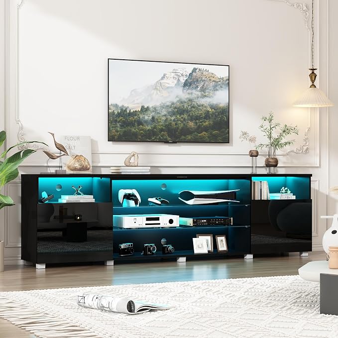 Hlivelood 86.6" Large LED TV Stand for 90/100Inch TV, High Glossy Black TV Stand for Living Room Suitable for Projector,Modern Gaming TV Entertainment Center with Adjustable Storage Shelf,TV Console - Image 6