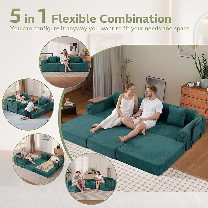 100" Convertible Sleeper Sofa Bed, Oversized Modular Sectional Cloud Sofa with Fixed-Shape Frame & Tabletop, Boneless Couch with Storage Pocket for Living Room, No Assembly Required, Green