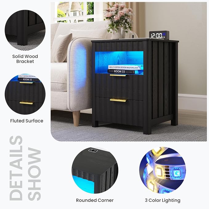 Dystler Fluted Night Stand with LED Light, Nightstand with Charging Station and Gun Drawer, Modern Bedside Table with Human Sensort and Storage Shelf for Bedroom, Black - Image 6