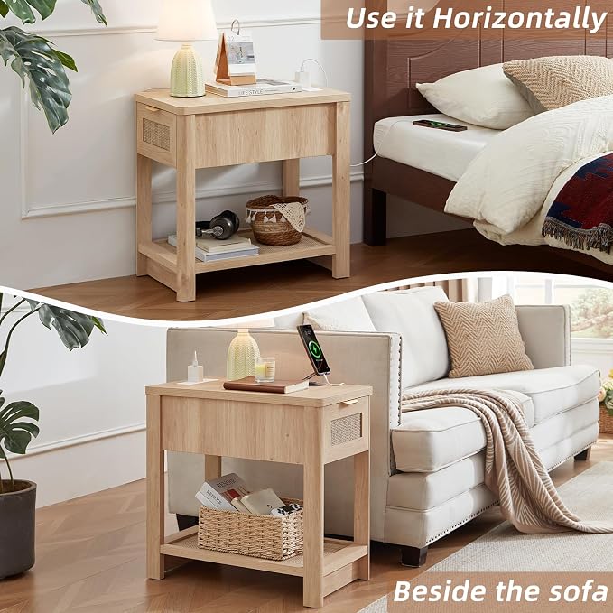 Lerliuo Rattan Night Stand Set of 2, Narrow Nightstand with Charger Station, Boho Bed Side End Table with Drawer Rattan Shelf for Small Spaces, Natural Wood Bedside Tables for Living Room Bedroom - Image 7