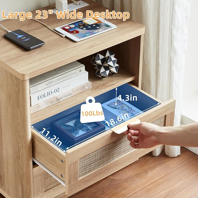 LEYAOYAO Rattan Nightstands Set of 2 with Charger Station, 23" Wide Boho Night Stand with 2 Drawers, Natural Wood Bedside Table Open Shlef, Bed Side End Table Dresser for Bedroom, Living Room Hallway - Image 8