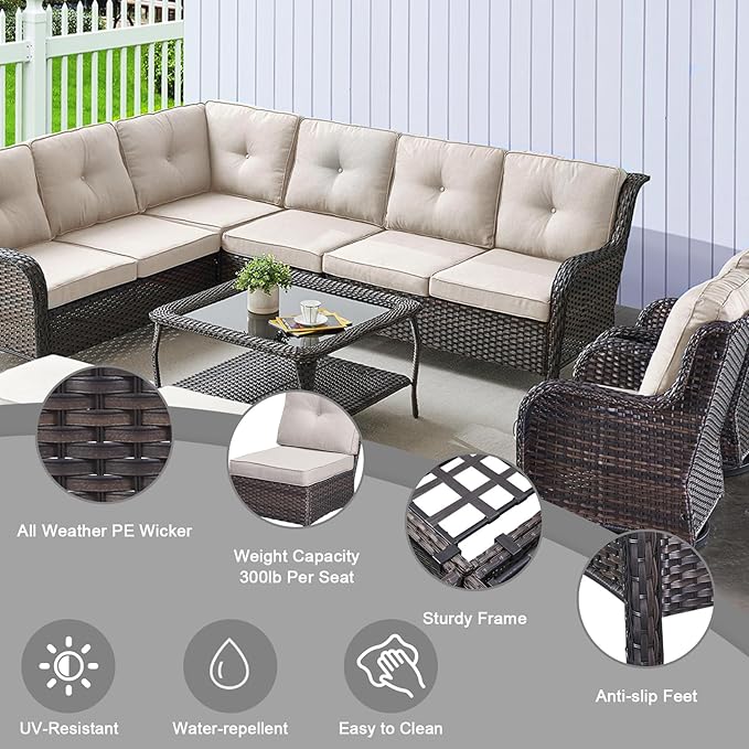 HUMMUH 9 Piece Patio Furniture PE Wikcer Outdoor Furniture Set with Sectional Sofa Swivel Patio Chairs Ottomans and Glass Coffee Table for Yard,Garden,Lawn