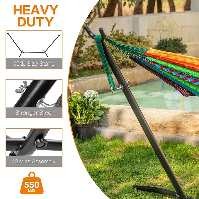 PNAEUT Double Hammocks with Stand for Outside, Portable Space Saving Heavy-Duty Steel Stand for Indoor Outdoor Patio (Mayan Rainbow) - Image 6