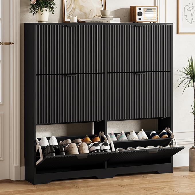HUANLEGO Shoe Cabinet Storage for Entryway with 6 Flip Drawers, Black Fluted Shoe Cabinet with Adjustable Shelves, Wooden Hidden Shoe Rack Freestanding Narrow Slim Shoes Storage for Hallway, Entrance by HUANLEGO