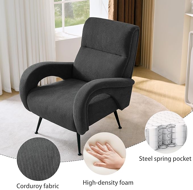 Corduroy Living Room Accent Chairs, Comfy High Back Reading Chair with Curved Arms and Solid Legs, Upholstered Armchair for Bedroom, Reading Nook, Apartment, Dark Grey