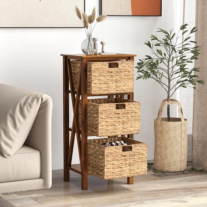 Giantex 3-Tier Nightstand with 3 Wicker Baskets, Wooden X-Design Side Table End Table, Beside Table with Acacia Wood Legs, Mid Century Accent Storage Cabinet for Small Spaces, Bedroom, Walnut - Image 2