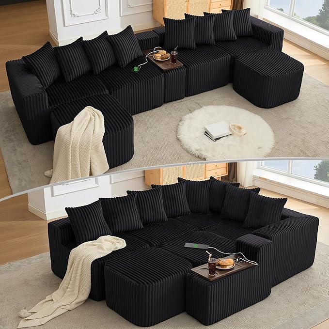 Oversized Cloud Modular Sectional Sofa Boneless Couch with Movable Ottomans,Free Combination Memory Foam Floor Couch with Charging Port & Cup Holders for Living Room | Coffee Table Board, Wireless Charge, No Assembly