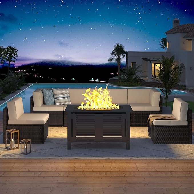 U-MAX 7 Piece Outdoor Patio Furniture Set with 43 Inch Fire Pit Table, PE Rattan Wicker Sofa Set, Outdoor Sectional Furniture Chair Set with Cushions and Tea Table, Brown Rattan&Beige Cushion