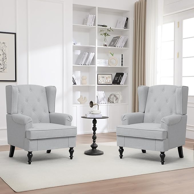 Accent Chair Set of 2, Mid Century Modern Fabric Wingback Chair, Upholstered Armchair with High Back and Vintage Legs, Comfy Single Sofa Side Reading Chair for Living Room Bedroom, Light Grey