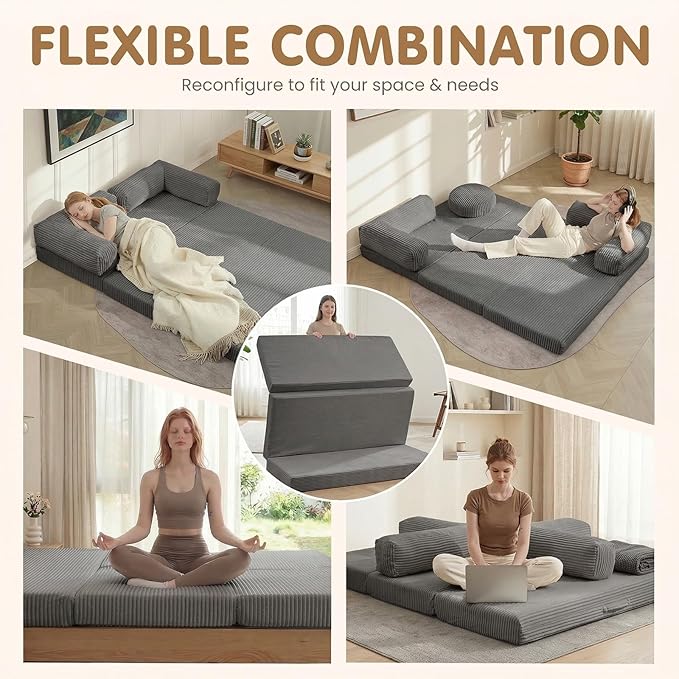 Folding Sofa Bed, Convertible Sleeper Chair with Pilow Foldable Matress, 2 in 1 Pull Out Loveseat Sofa Portable Fold Out Chair Bed Floor Couch Lounge for Living Room (Grey, King-82 Lx76 W)