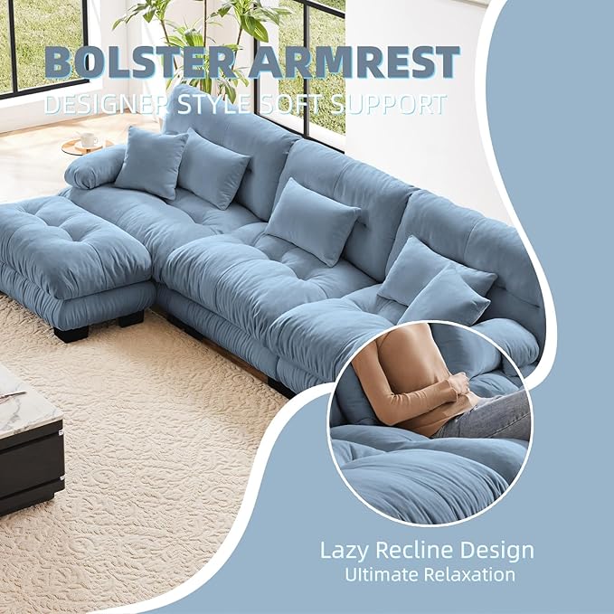 133.8" L-Shaped Cloud Couch, Oversized Modular Sectional Sofa, Deep Seat Cloud Boneless Couch, 3-Seat Modular Sectional Sofa with Ottoman or Living Room,Bedroom and Apartment, Blue