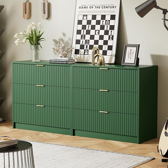 Furniway Green Dresser Bedroom Set 3 Pieces, Nightstands Sets of 2, 6 Drawer Dresser with Gold Handles for Bedroom