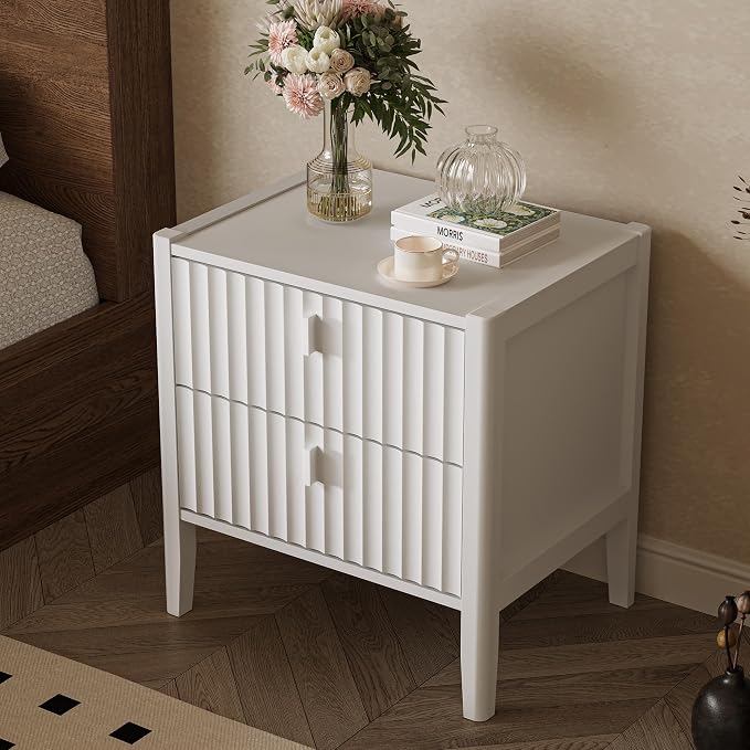 White Nightstand Set of 2, Modern Nightstand with 2 Drawers Storage, Fluted Bedside Table with Metal Handle, Wooden Night Stand for Bedroom - Image 6