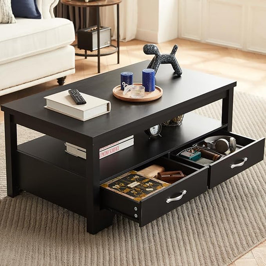 LINSY Farmhouse Coffee Table, Rectangle Coffee Table with Drawers, Rustic Wooden Coffee Tables with Storage, Center Table for Living Room, Apartment, Office, Black