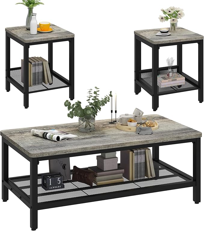 Lamerge 3 Pieces Living Room Table Set, Industrial Coffee Table with 2 Square End Side Tables, Coffee Table Set with Metal Frame for Apartment Home Office (Grey)