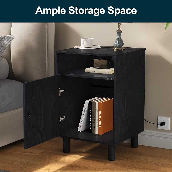 RoyalCraft Nightstand Set of 2, Modern Side Table with Charging Station, Accent End Table with Solid Wood Legs, Bedside Table for Bedroom, Entryway, Black - Image 4
