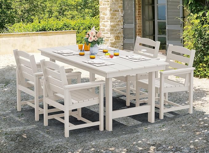 SERWALL 7-Piece Patio Dining Table Sets, Outdoor HDPE Dining Furniture Set with Umbrella Hole Cut-Out Table and 6 Chairs, White - Image 7