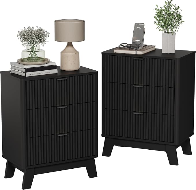 Wodeer Night Stands for Bedrooms Set of 2, Mid Century Modern Wood Bedroom Nightstand with 3 Drawers, Bedside Tables & End Tables with Metal Handles, Farmhouse Night Stands for Bedroom, Black - Image 8
