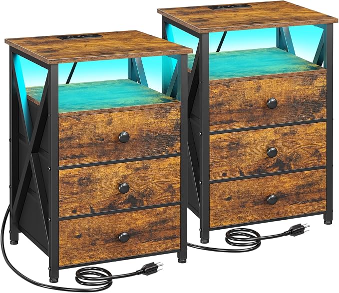 AMHANCIBLE Night Stand Set 2, LED Nightstand with Charging Station, End Side Tables with USB Port & Outlet, Bedside Tables with 3 Fabric Drawers for Bedroom, Rustic Brown HET053LBR by AMHANCIBLE