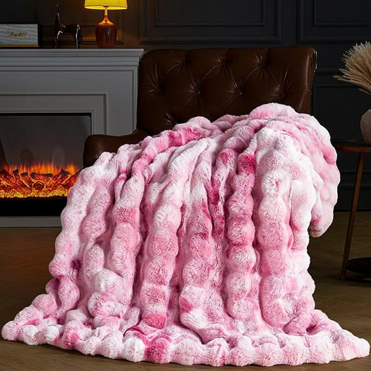 Faux Fur Throw Blanket for Couch, Fluffy Fuzzy Plush Bubble Blanket, Soft Warm Cozy Shaggy Rabbit Blanket, Luxury Decorative Gifts for Sofa Bedroom Living Room, 90x90inch (Tie-Dye-Pink)