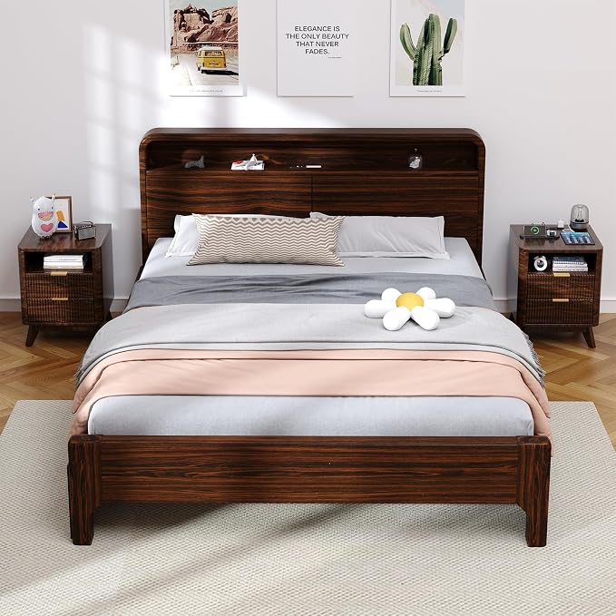 Airynee Nightstand with Charging Station, Fluted Nightstand with LED Lights, Modern Rustic Side Table with 2 Storage Drawers, Wooden End Table for Bedroom, Walnut - Image 7
