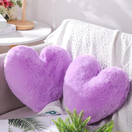 Marsui 2 Pcs Heart Throw Pillows, Soft Fluffy Faux Fur Decorative Hearts Shaped Pillows for Living Room Sofa Bed, Cute Heart Themed Gift for Women(Purple,11.81 x 11.02 Inch)