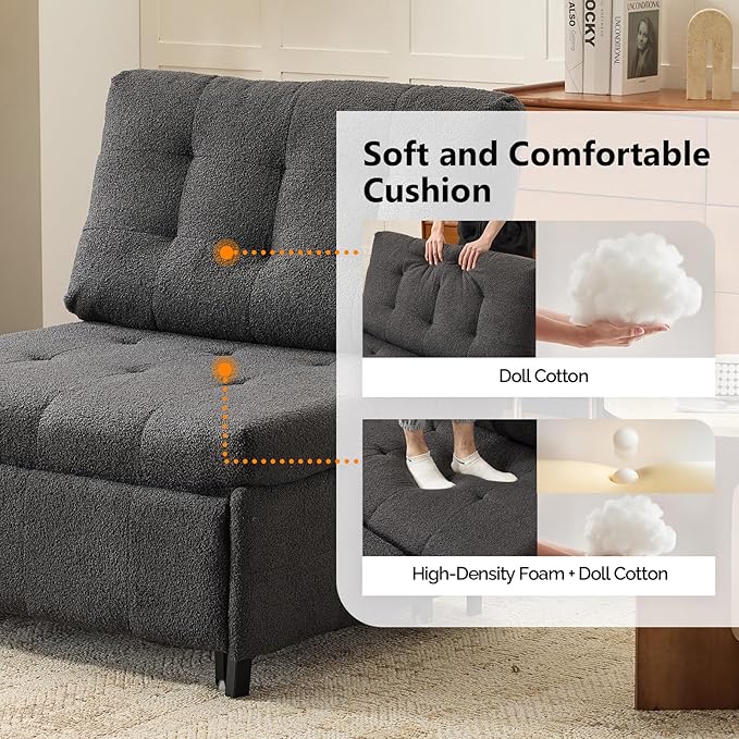 VINGLI Convertible Sofa Bed Tufted Teddy Fleece Sleeper Chair Bed Couch Armless Living Room Chairs with Adjustable Backrest Pull Out Couch Bed for Small Spaces | Armless Sofa Bed