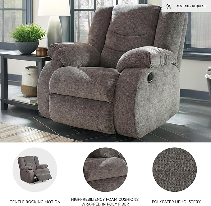 Signature Design by Ashley Tulen Contemporary Rocker Recliner, Gentle Rocking Motion, Pull Tab Reclining, Fabric Upholstery, 39" W x 40" D x 40" H, Dark Gray