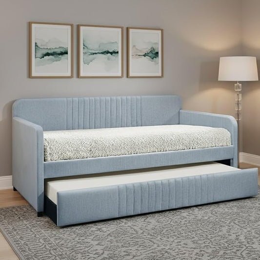 Home Design Amelia Twin Daybed with Pull-Out Trundle, Linen Upholstery, Track Arms, Rounded Backrest with Vertical Channel Tufting, Slat Support, Light Blue