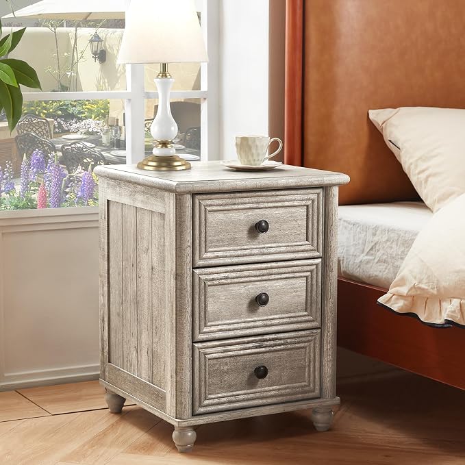 RWYHG 18" Farmhouse Night Stand Set of 2, Gray Wood Nightstand with 3 Drawers, Bedside End Table with Storage and Roman Column, Bed Side Tables Cabinet for Bedroom, Living Room, and Closet - Image 7