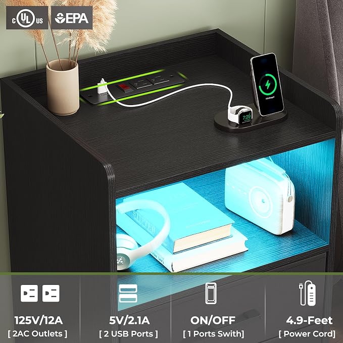 DICTAC Nightstands Set 2, LED Nightstand with Charging Station, End Side Table with USB Port, Bedside Table with 2 Fabric Drawers and Open Compartment for Bedroom, Black - Image 5