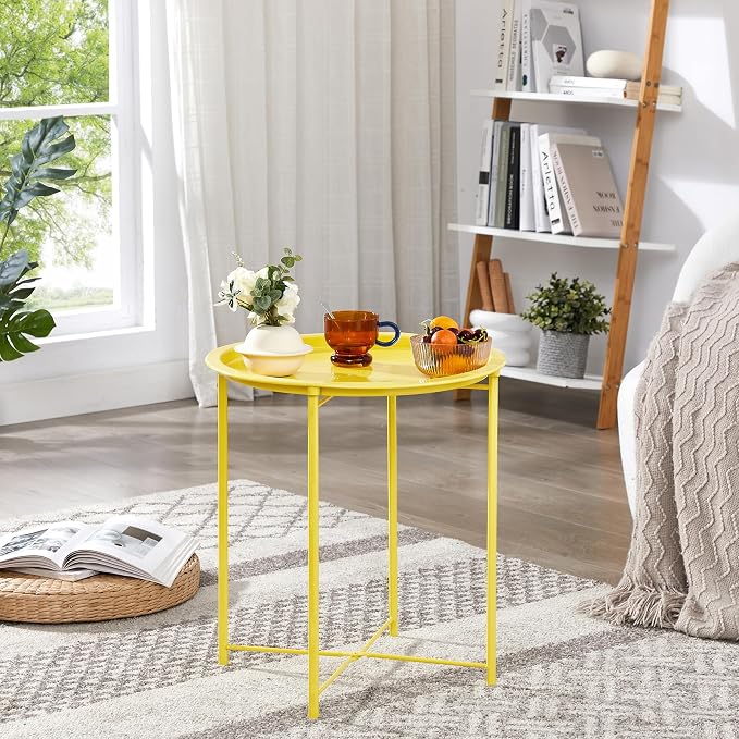 VECELO Side/End Table, Folding Round Metal Anti-Rust and Waterproof Outdoor or Indoor Tray for Living Room Bedroom Balcony and Office, 1 PCS,Yellow - Image 7