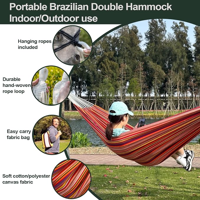 JoyView Brazilian Double Hammock with Hanging Ropes Extra Large 86.6x59” Portable Cotton Hammock for Patio Backyard Porch 450LBS Weight Capacity Perfect for Outdoor/Indoor - Blue & Green Stripes - Image 3