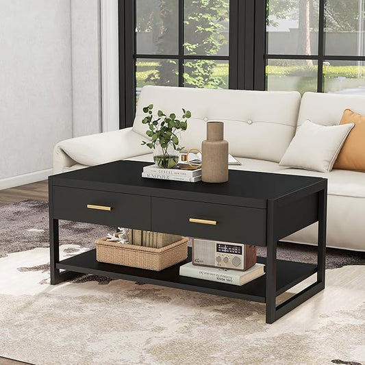 Solid Wood Coffee Table with Storage Living Room Table with 2 Drawers Shelf & Reinforced Legs