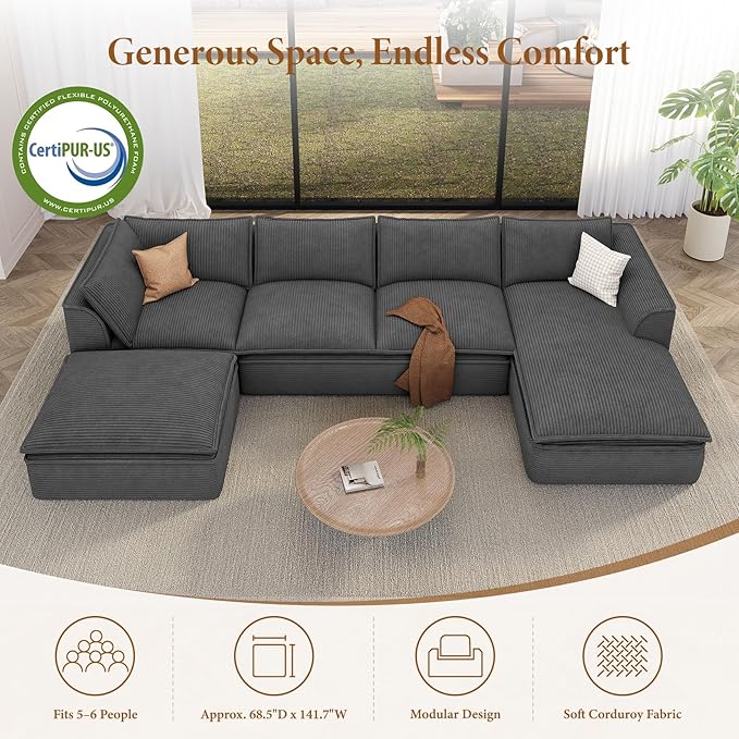 Vesgantti 141.7" U Shaped Boneless Sectional Couch, Modern 6 Seater Modular Sofa with Chaise & Ottoman, Deep Seat Corduroy Cloud Couches for Living Room, No Assembly Required, Dark Gray