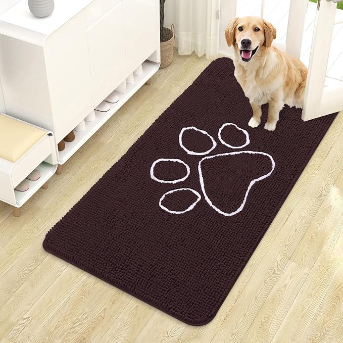 OLANLY Dog Door Mat for Muddy Paws 44x24, Paw Print Design, Absorbs Moisture and Dirt, Absorbent Non-Slip Washable Doormat, Quick Dry Chenille Mud Mat for Dogs, Entry Indoor Entryway Carpet, Brown by OLANLY